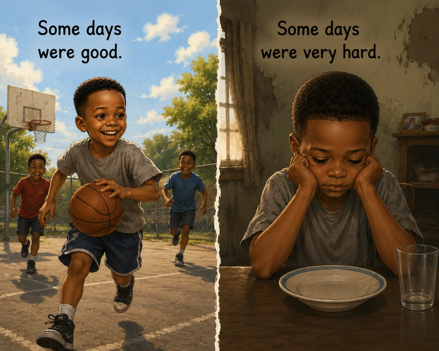 Interior spread: on the left Huey plays basketball outside with friends under a blue sky above the words “Some days were good.”; on the right he sits alone at a table with an empty bowl above the words “Some days were very hard.”