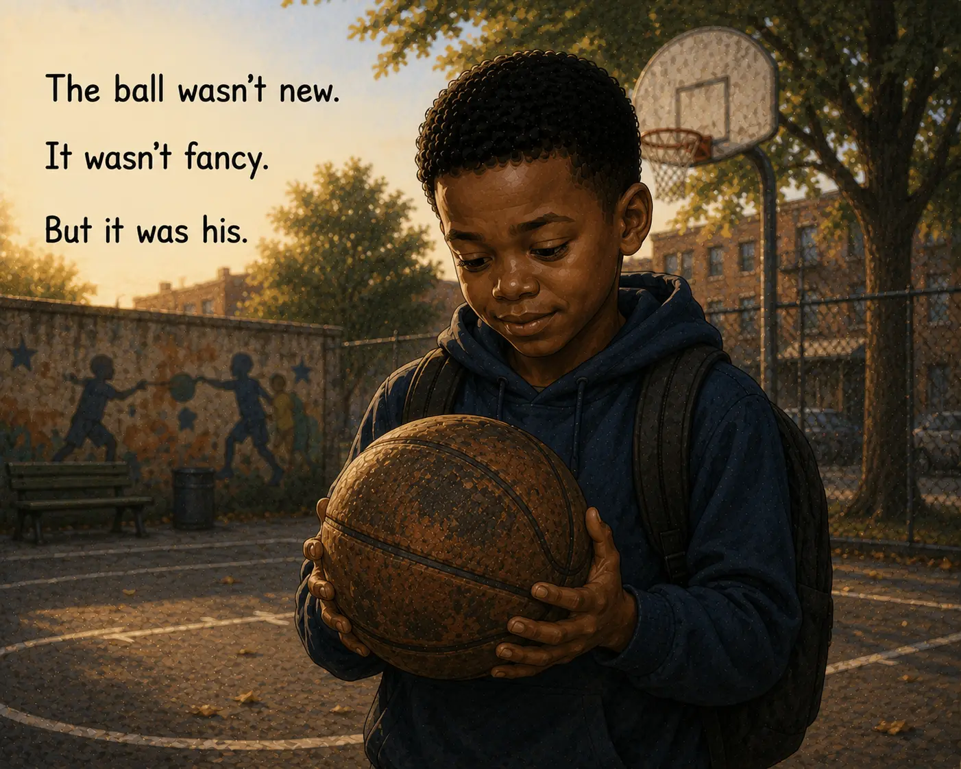 Interior spread: Huey stands on a city court holding a worn basketball close to his chest beside the words “The ball wasn’t new. It wasn’t fancy. But it was his.”