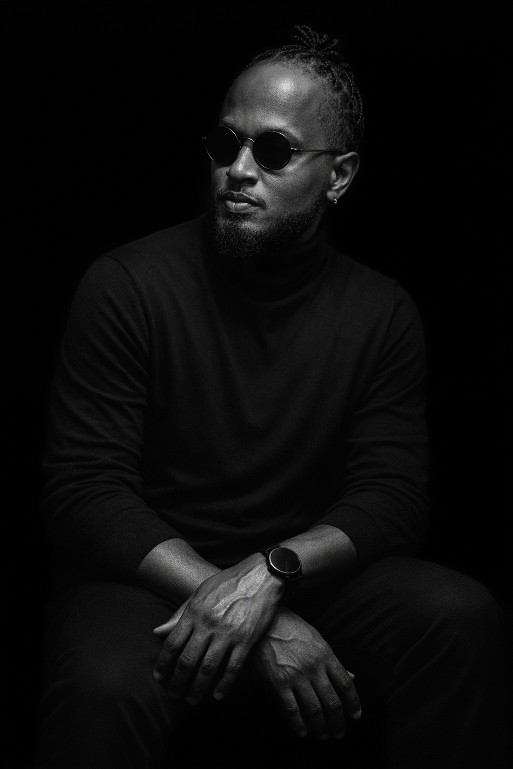 Black-and-white portrait of William Randolph seated, wearing sunglasses