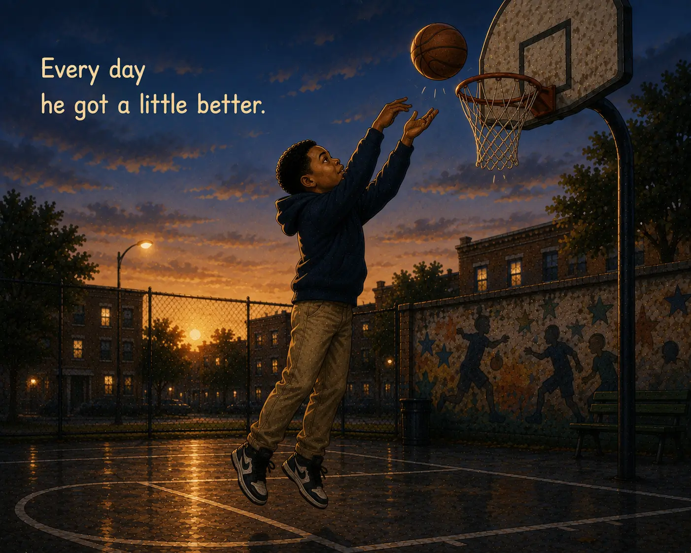 Interior spread: Huey jumps to shoot at a rain-slicked outdoor hoop at sunset beside the words “Every day he got a little better.”
